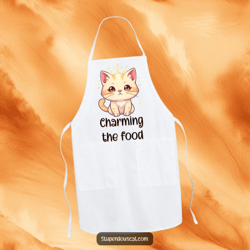 Funny cat apron showing a cat with a radiant aura, exuding powerful charm while cooking.