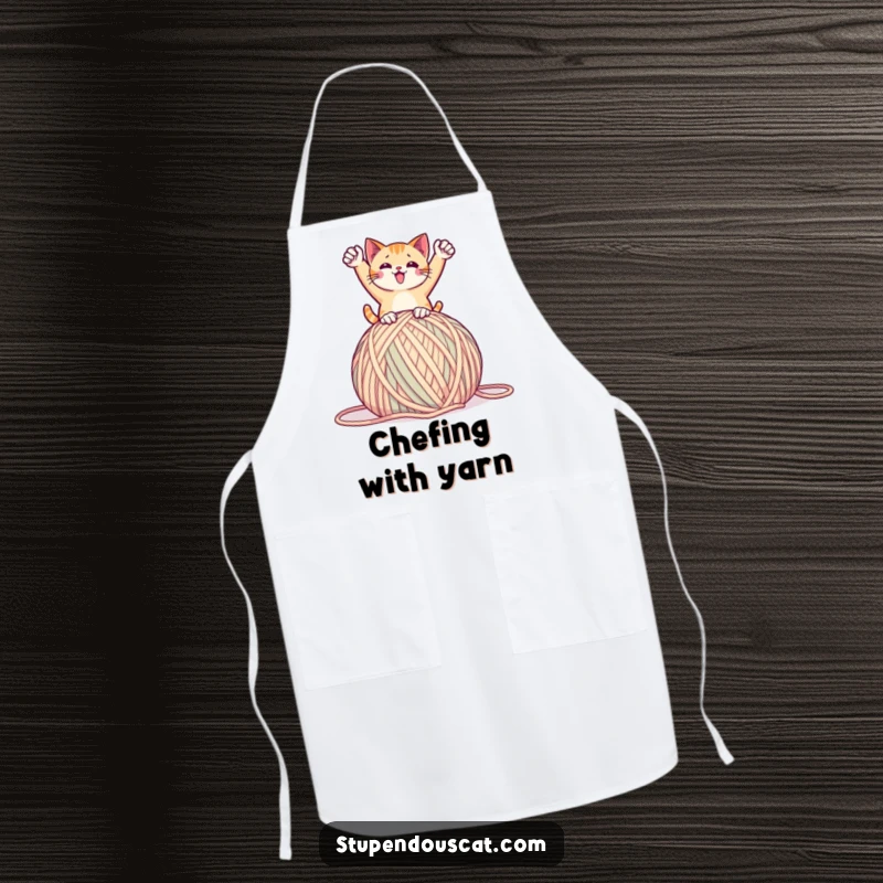 Funny apron with a cat in a triumphant pose on a giant ball of yarn, perfect for cooking with playful humor and pride, a unique gift.