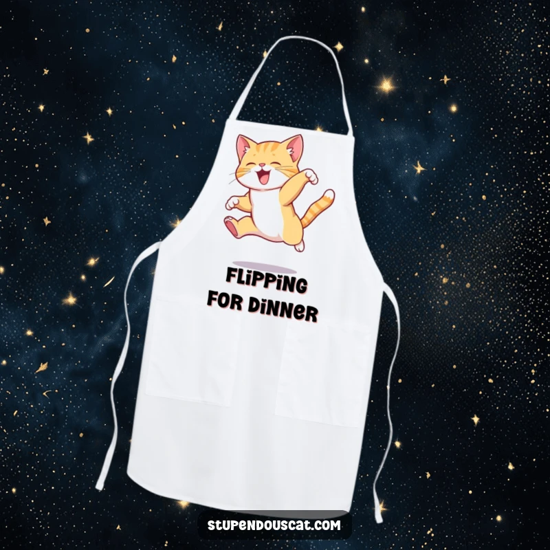 Funny cat apron showing a cat mid-jump, executing an elegant and complex leap, blending kitchen fun with pet athleticism.