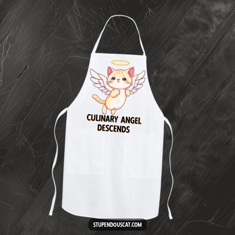 Funny angelic cat wings apron with a cat gracefully soaring with wings, adding heavenly humor to kitchen tasks.