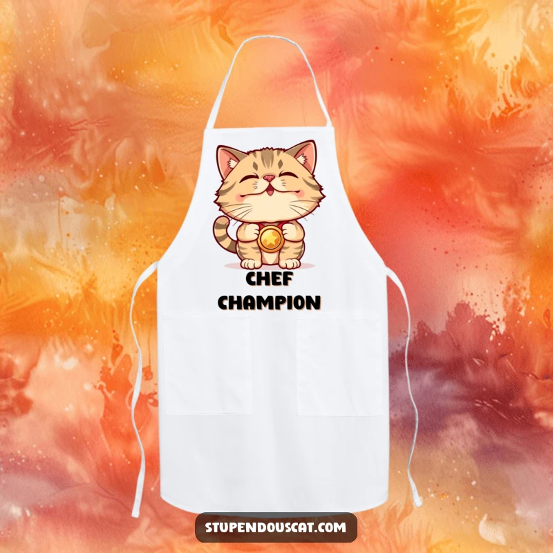 Funny Apron: A stupendous cat proudly wears a shining medal while cooking, adding a touch of victory to the kitchen.