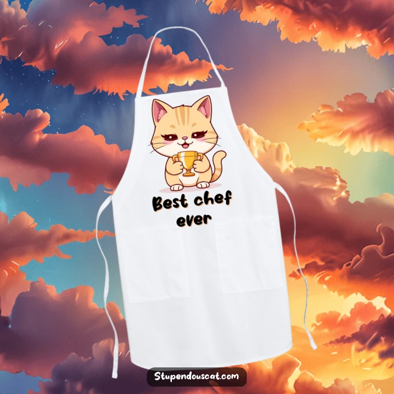 Funny cat apron showing a smug cat holding a tiny trophy, ideal for cooking and baking.