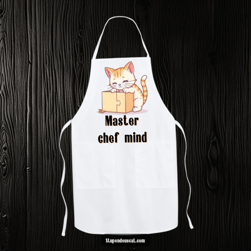 Funny apron with a clever cat intently solving a puzzle box, ideal for a humorous and intelligent cooking experience.