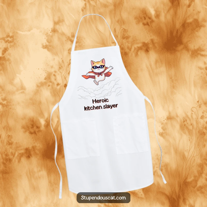 Funny apron showing a heroic cat in a cape leaping with determination across a vast expanse, ready for kitchen adventures.