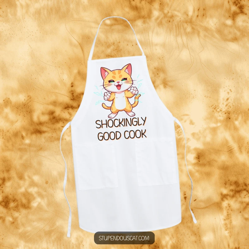Funny apron showing a powerful cat with lightning bolts emanating from its paws, striking a dynamic and impressive pose.