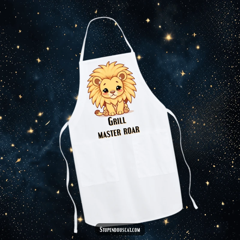 Funny lion cub apron, a majestic cub with a comically huge, shimmering mane, ready to protect your clothes with style.
