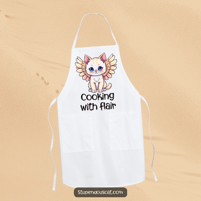 Funny majestic angel cat cub apron, wings spread wide, ready to protect you with heavenly humor while cooking.