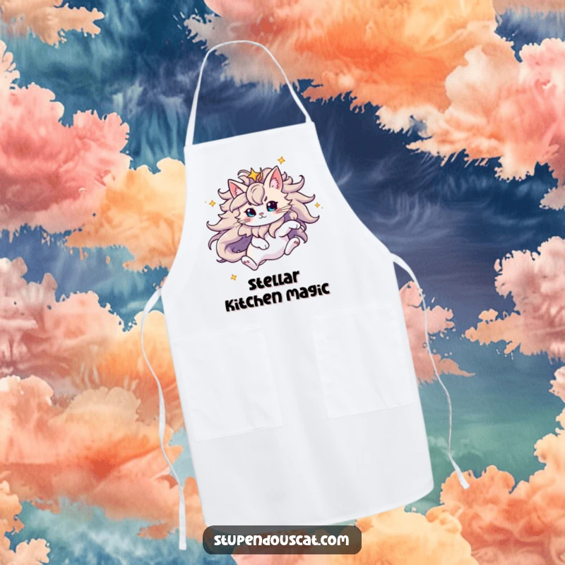 Funny Apron showcasing a majestic cat with a flowing starry mane leaping, ready to add cosmic flair to any culinary endeavor.