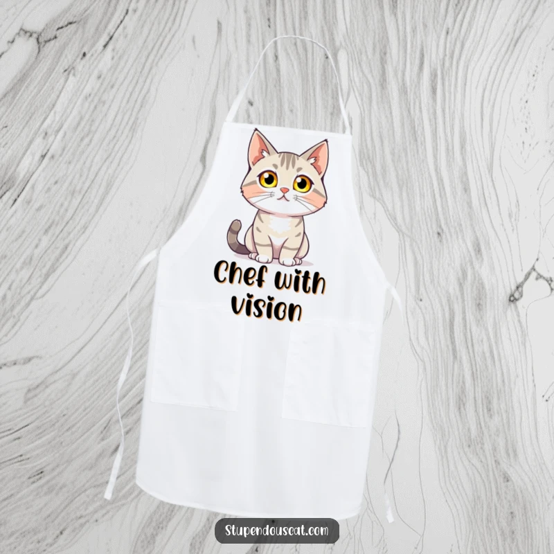 Funny apron with a cat with glowing eyes confidently surveying its surroundings, perfect for cooking with mystical humor, a unique gift.