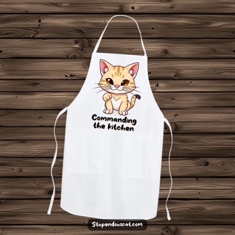 Funny apron: A proud feline with exaggerated whiskers strikes a commanding power stance, ready to tackle any recipe.
