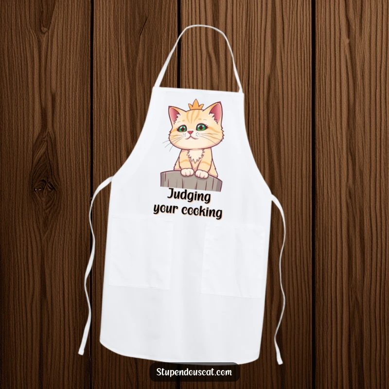Funny regal cat apron illustrating a cat surveying its domain from a high vantage point with funny authority.