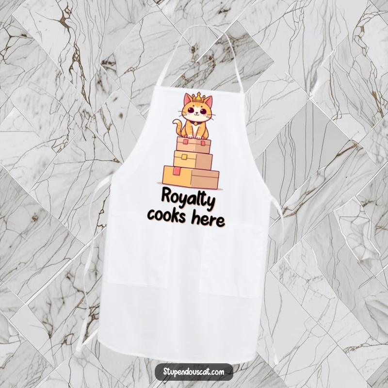 Funny apron with a regal cat sitting proudly atop a tower of boxes, ideal for a humorous and majestic kitchen experience.