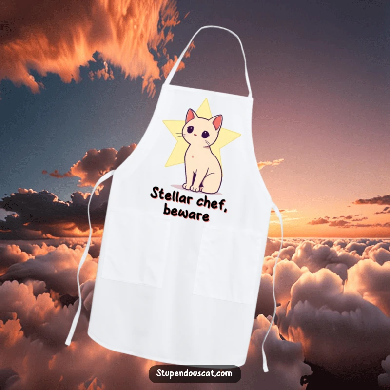 Funny apron featuring a cat silhouette against a shining star, adding a touch of celestial humor to cooking.