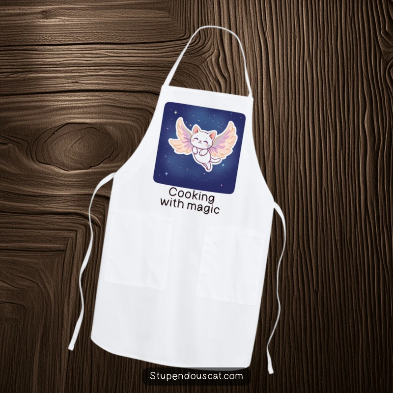 Funny Stardust Cat Apron: A whimsical apron featuring a cat with stardust wings soaring gracefully through the night.