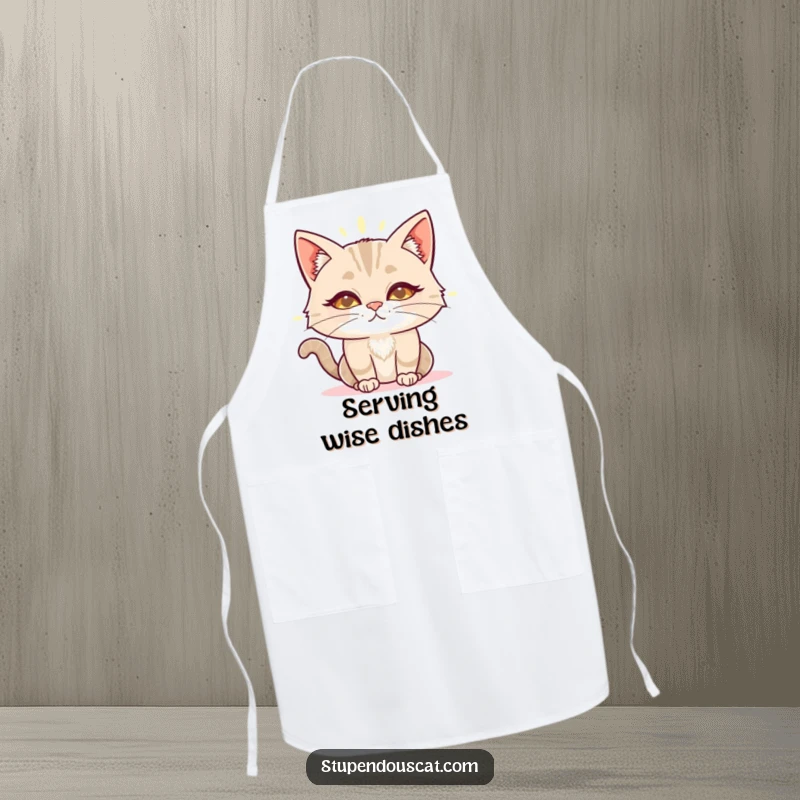 Funny wise cat aura apron showing a cat with a glowing aura, imparting kitchen wisdom with gentle grace.