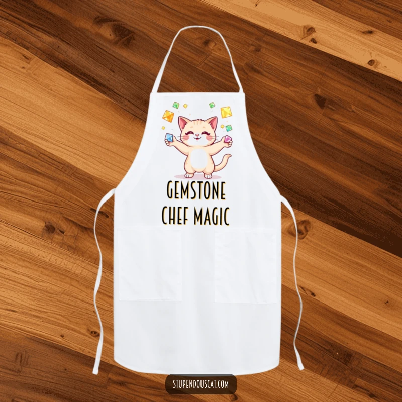 Funny cat juggling gems apron, a cat in a chef hat skillfully tossing precious gemstones, bringing humor and opulence to the kitchen.