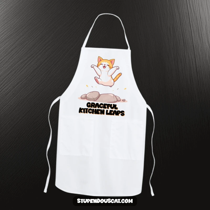 Funny cat apron illustrating a cat executing a funny, agile landing, perfect for kitchen protection and humor.