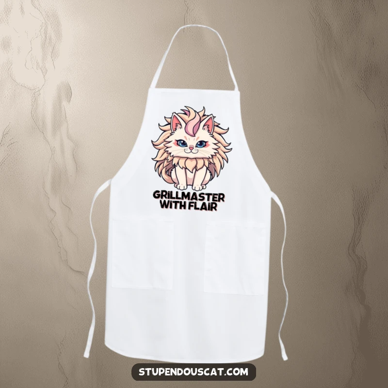 Funny Cat Apron showing a powerful cat with an epic flowing mane, perfect for commanding the kitchen and gifts.