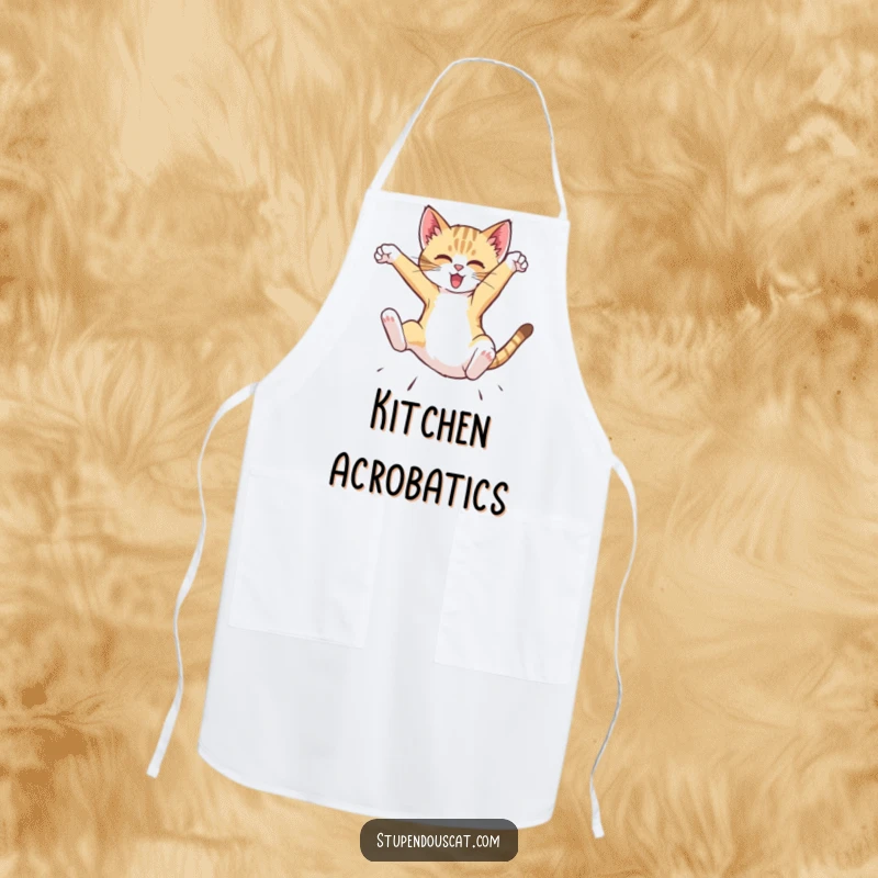 Funny Apron showing a dynamic cat cub mid-air flip, perfect for cooking with a side of adventurous, humorous agility.