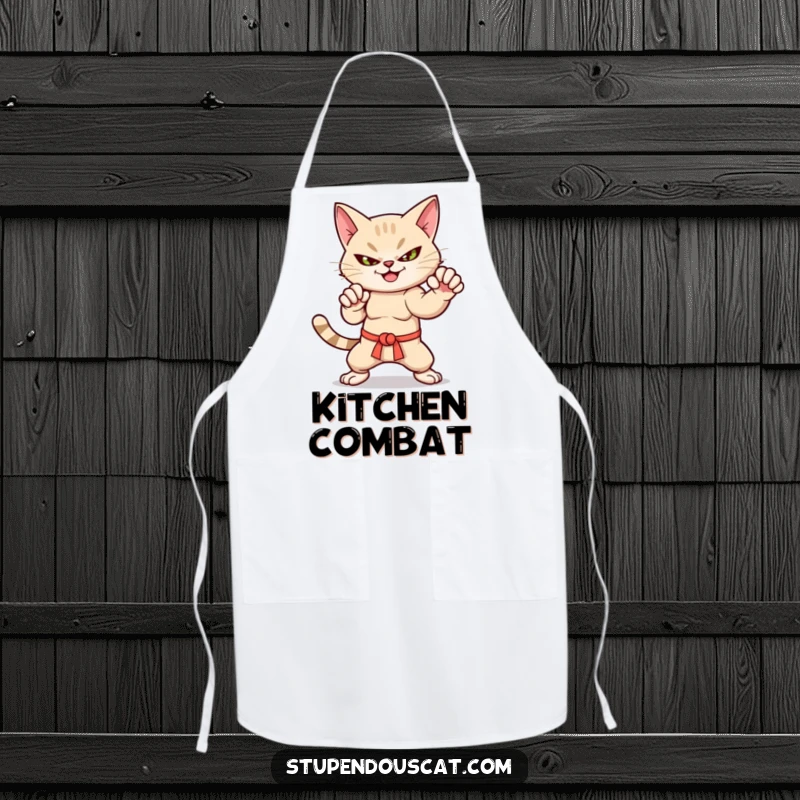 Funny martial arts cat apron with a smirk, in a dynamic stance, ideal for cooking and baking.