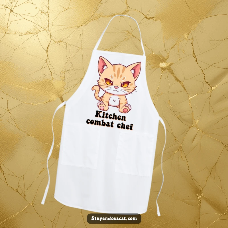 Funny action cat cub apron, looking formidable and ready to handle any messy situation with humor.