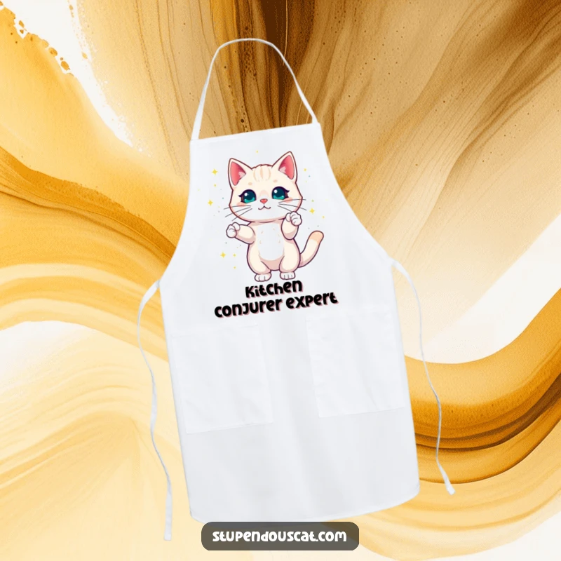 Funny Cat Apron showing a cat creating dazzling colorful magic sparkles, perfect for enchanted cooking and gifts.