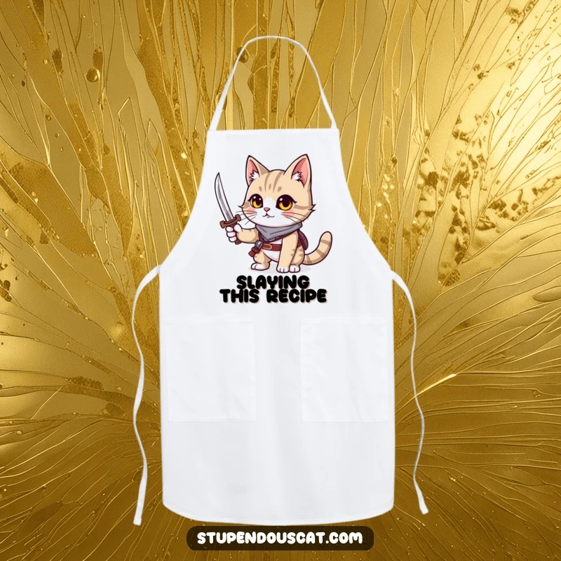 Funny cat apron showing a cat warrior holding a tiny sword in the kitchen.