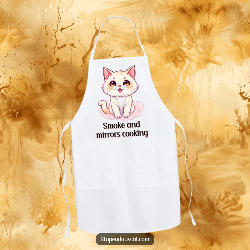 Funny apron showing a dazzling cat appearing from a puff of smoke, adding a magical touch to the kitchen, a practical and funny gift.