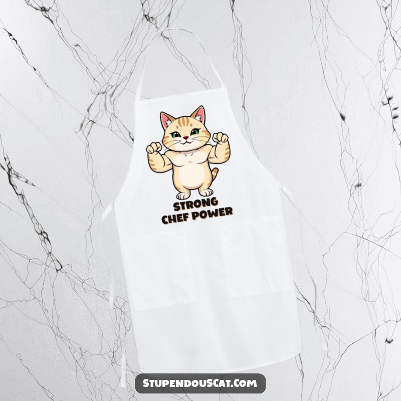 Funny apron showing a strong cat with rippling muscles, flexing its arms with pride and ready to cook.