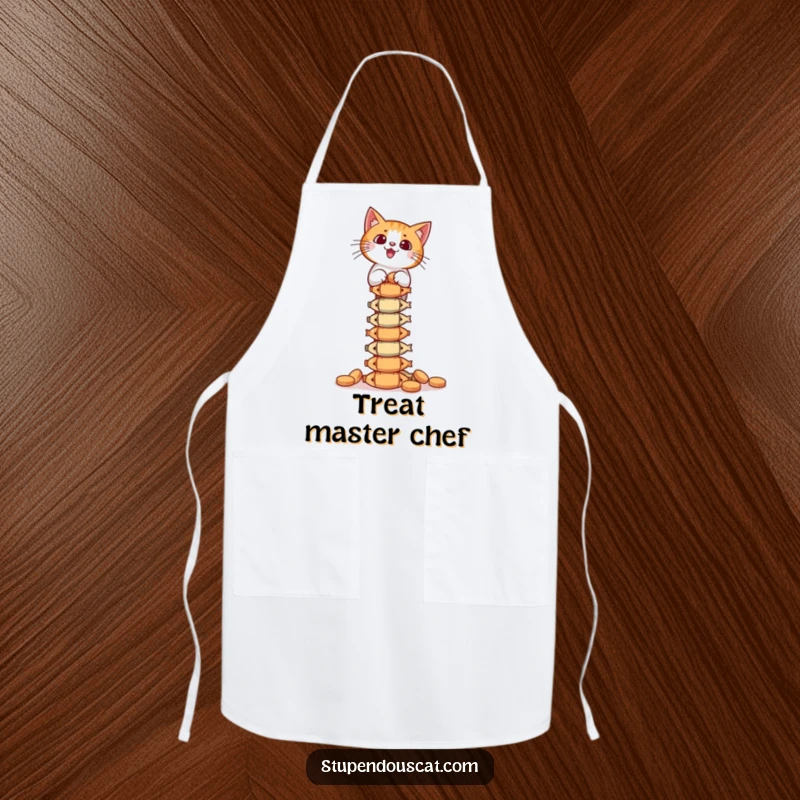 Funny Apron: A cat balances a tall tower of fish treats, adding a touch of precarious culinary skill to the kitchen.