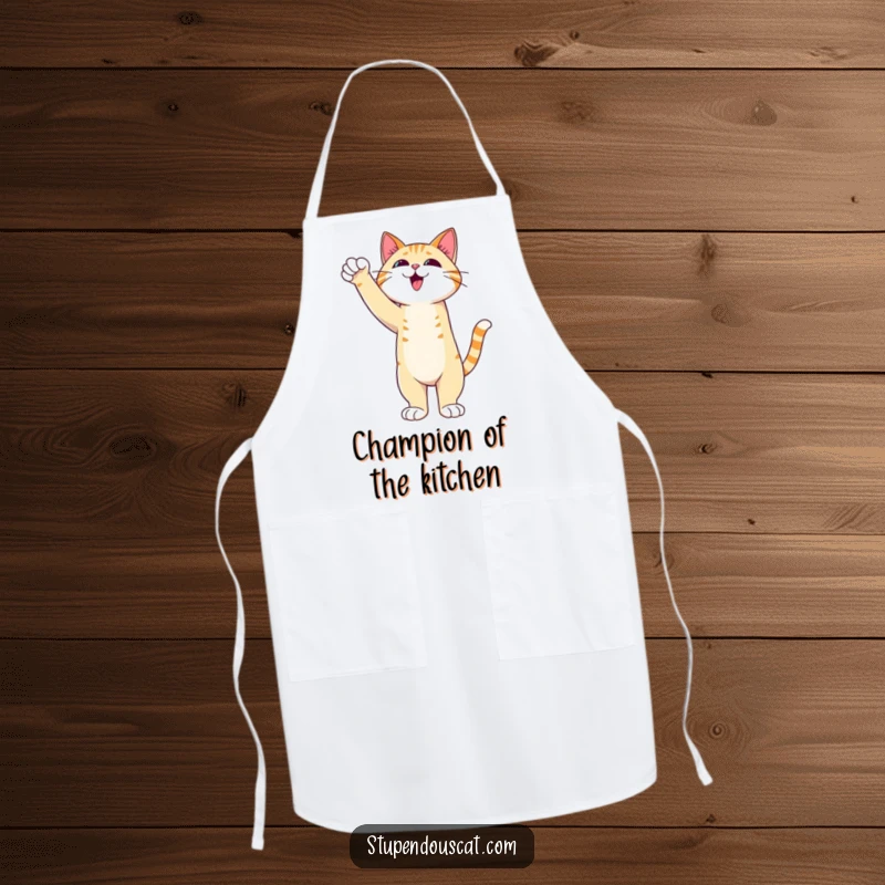 Funny Cat Apron showing an admirable cat standing tall with an outstretched paw of triumph, perfect for victorious cooking.