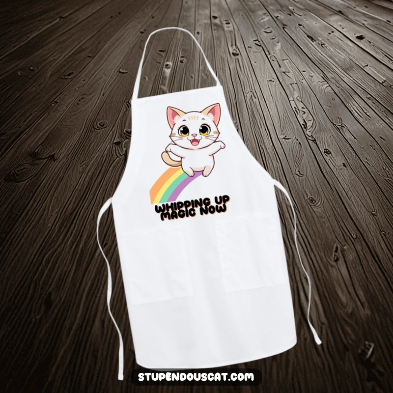 Funny apron: A joyful cat with energetic eyes and a wide grin leaping high over a colorful rainbow, ready for action.