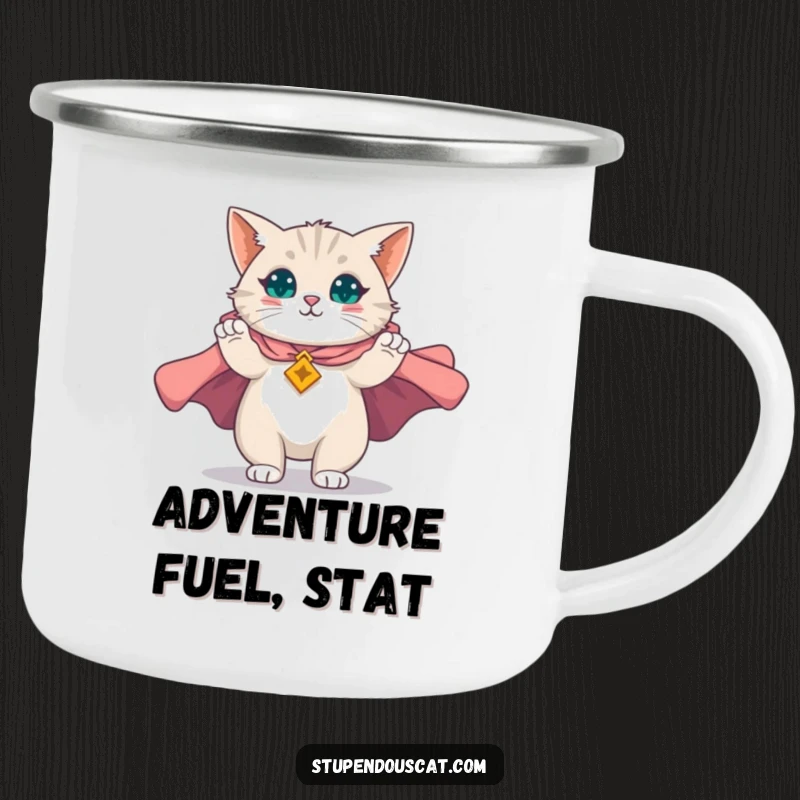 Funny camping mug with a magnificent cat unfurling a majestic cape, perfect for outdoor adventures and a dose of feline heroism, a fun gift.