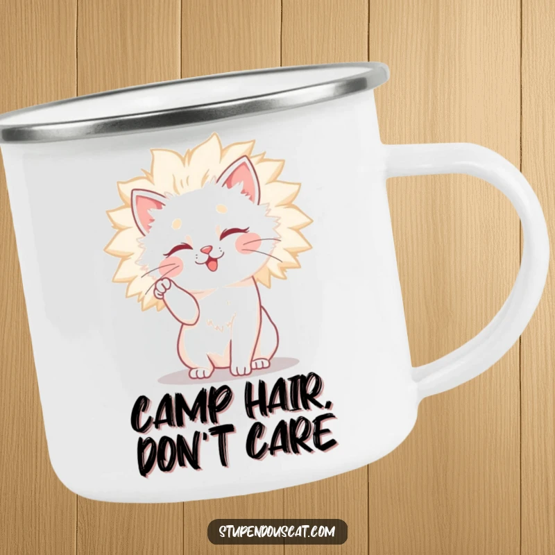 Funny cat camping mug showing a cat comically trying to style its fluffy mane, perfect for enjoying drinks outdoors.