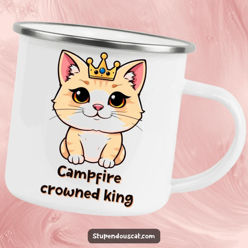 Funny camping mug showcasing a pleased cat wearing a crown, ideal for enjoying beverages outdoors with a touch of royalty.