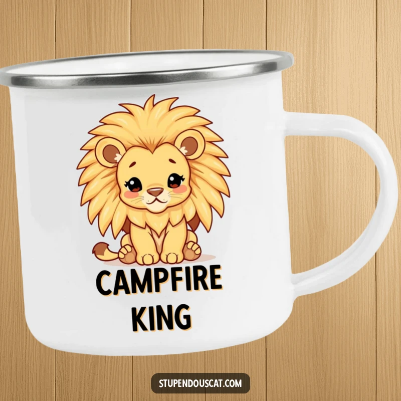 Funny lion cub camping mug, a majestic cub with a comically large, shimmering mane, ready for any outdoor quest.