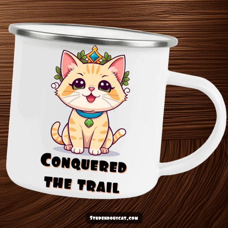 Funny champion cat wearing a laurel wreath, basking in triumphant glory, holding a camping mug, outdoors.