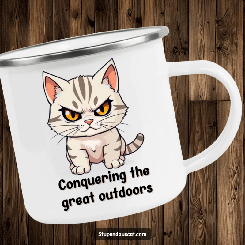 Funny determined cat camping mug showing a cat with a steely gaze, prepared for adventure, a humorous and durable mug.