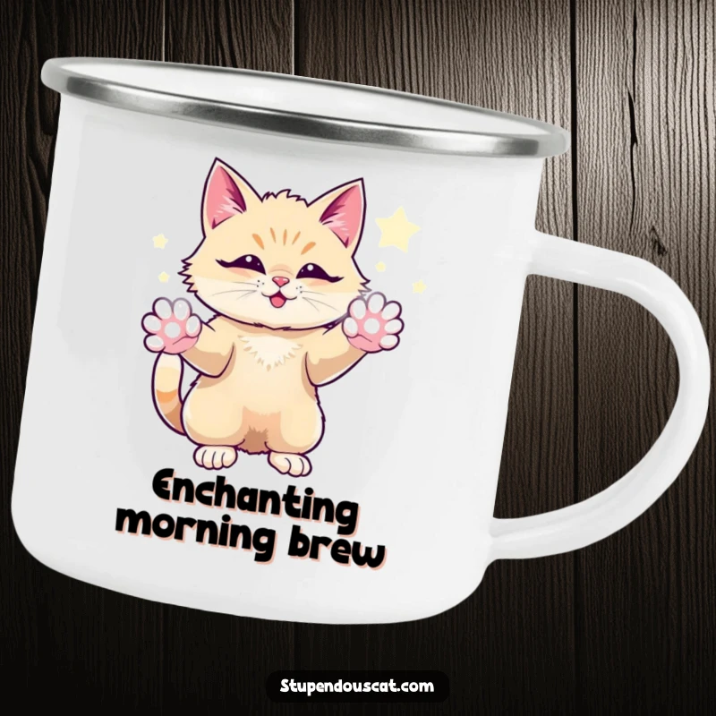 Funny camping mug showing a magical cat conjuring sparkling energy from its paws in an awe-inspiring manner outdoors.