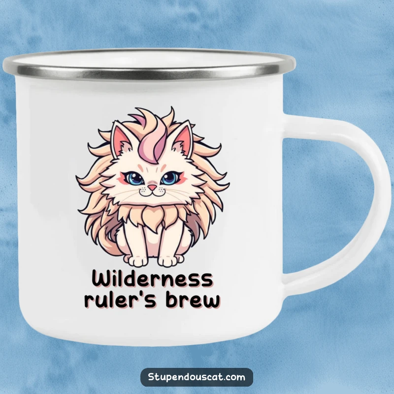 Funny Cat Camping Mug showcasing a powerful cat with an epic flowing mane, ideal for adventurous and majestic campers.