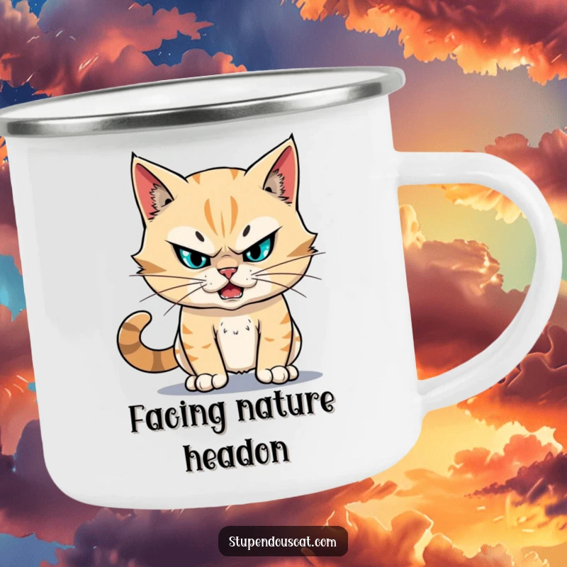 Funny fearless cat camping mug showing a cat with unwavering resolve facing a challenge, looking stupendous for outdoor bravery.
