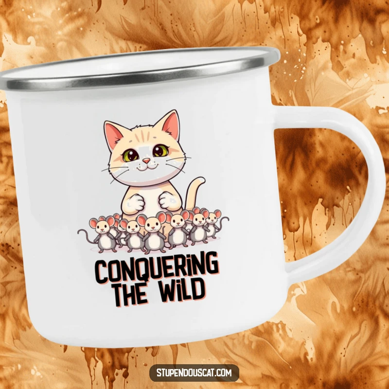 Funny cat camping mug showing a cat general commanding an army of toy mice.
