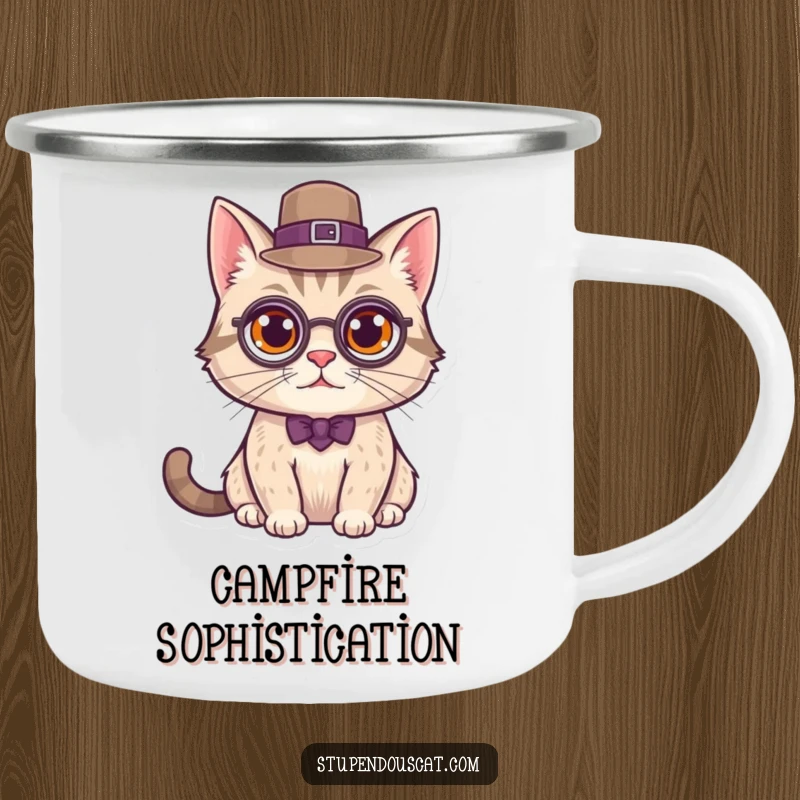Funny Camping Mug with a distinguished cat wearing a monocle and top hat, perfect for classy outdoor enjoyment.