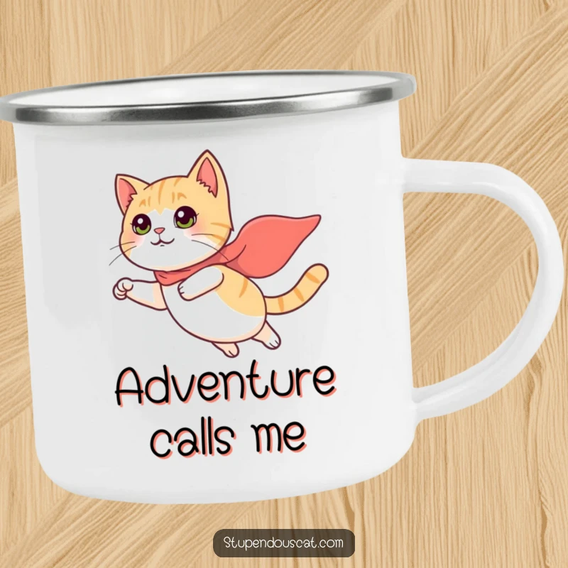 Funny Camping Mug: A cat heroically flies with a tiny cape, ready to hold your favorite camp beverage with bravery.