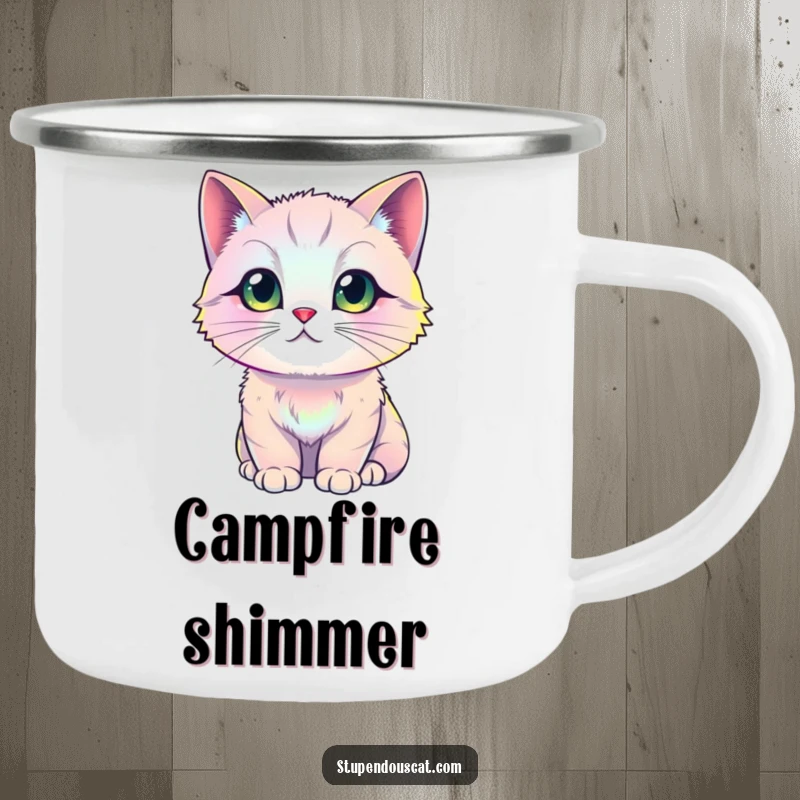 Funny iridescent cat camping mug, showcasing a cat with fur that gleams with a rainbow of shimmering colors, perfect for colorful outdoor moments.