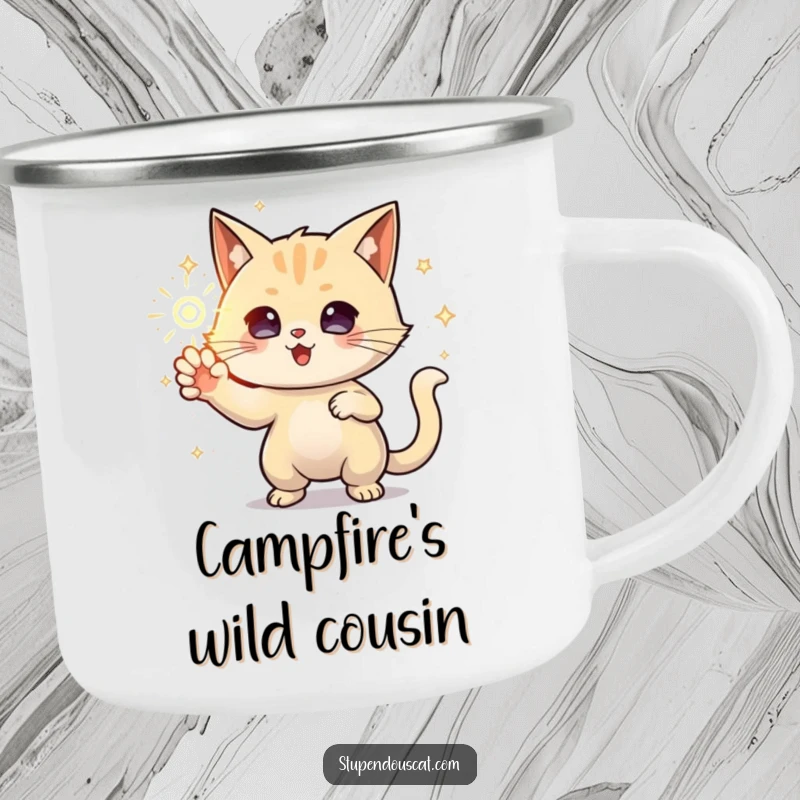 Funny Camping Mug with a powerful cat conjuring a sparkling orb of energy, designed for magical outdoor experiences.