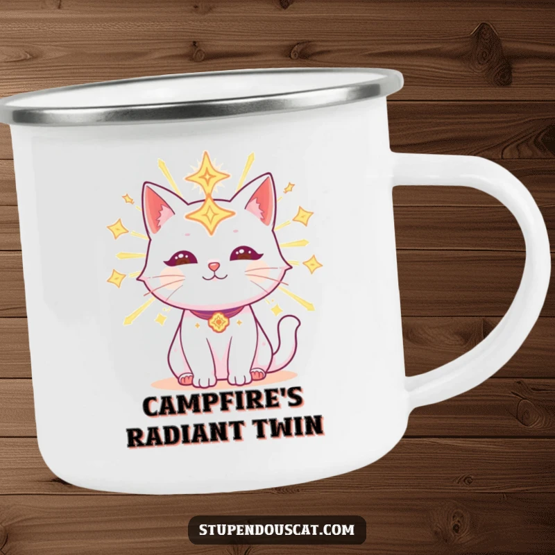 Funny Camping Mug featuring a radiant cat adorned with glowing celestial symbols, perfect for enjoying cosmic views and warm drinks outdoors.