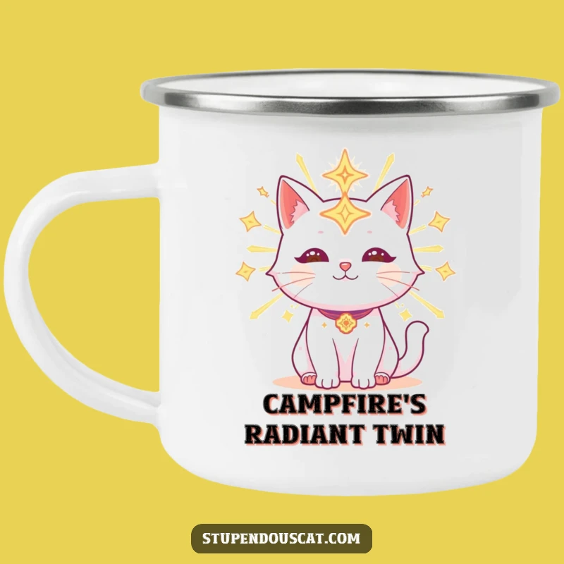 Funny Radiant Celestial Cat Camping Mug: Cosmic Brews, Perfect Outdoorsy Gift!
