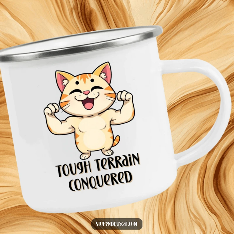 Funny camping mug with a proud cat character flexing its muscles and grinning, perfect for adventurous strength.