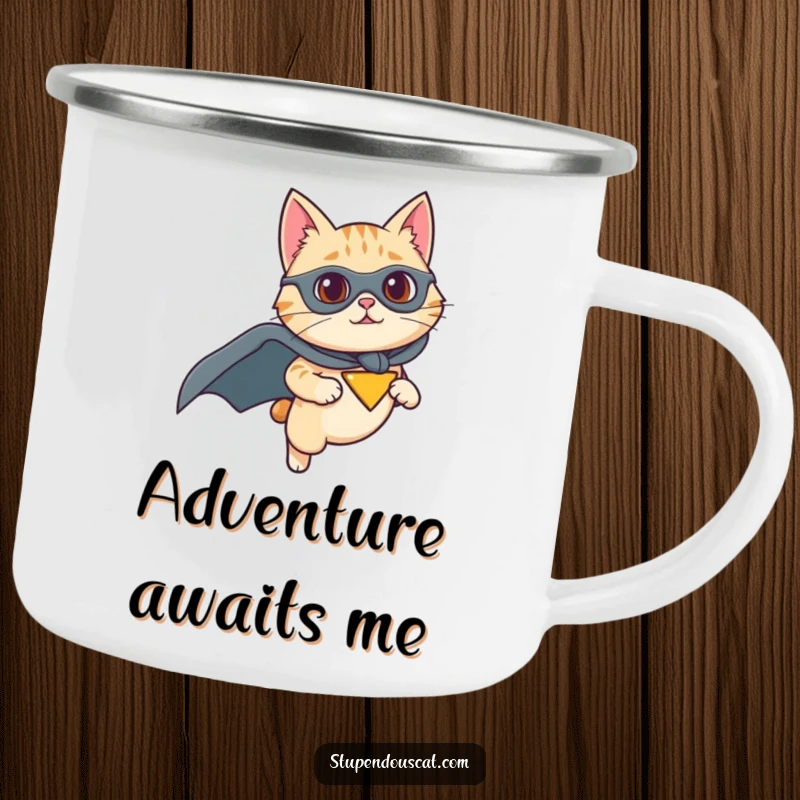 Funny camping mug with a cat wearing a superhero cape and flying with determination, perfect for outdoor adventures and humor, a unique gift.